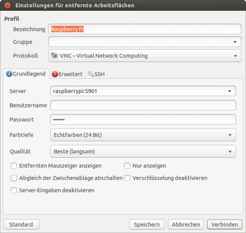VNC-Verbindungsdialog unter Ubuntu (Programm Remmina)
