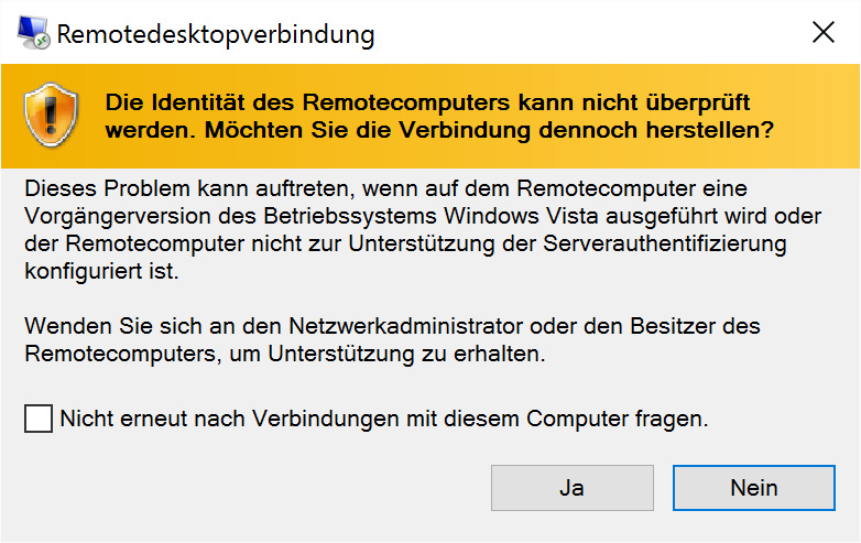 Windows warnt, dass xrdp eine alte Protokollversion verwendet. Antworten Sie mit »Ja«!